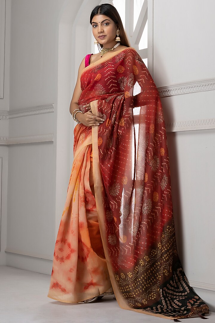 Red & Orange Pure Linen Silk Printed Festive Saree Set by Albis Jaipur at Pernia's Pop Up Shop