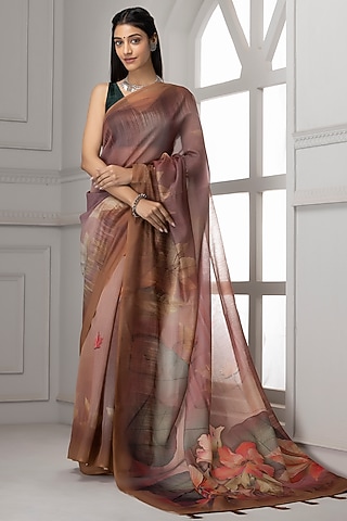 Deep Brown Linen Silk Printed Saree Set by Albis Jaipur