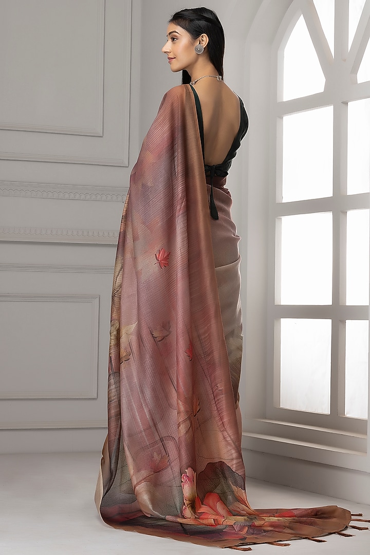 Deep Brown Linen Silk Printed Festive Saree Set by Albis Jaipur at Pernia's Pop Up Shop