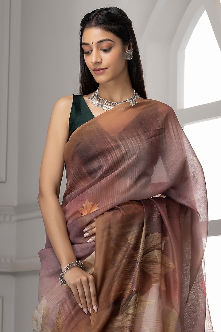 Deep Brown Linen Silk Printed Festive Saree Set by Albis Jaipur at Pernia's Pop Up Shop
