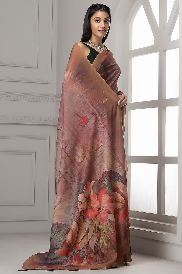 Deep Brown Linen Silk Printed Festive Saree Set by Albis Jaipur at Pernia's Pop Up Shop