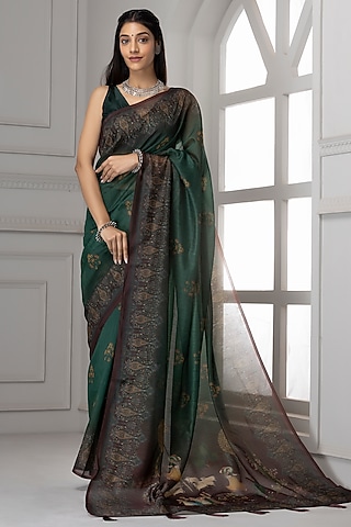 Dark Green Linen Silk Printed Saree Set by Albis Jaipur