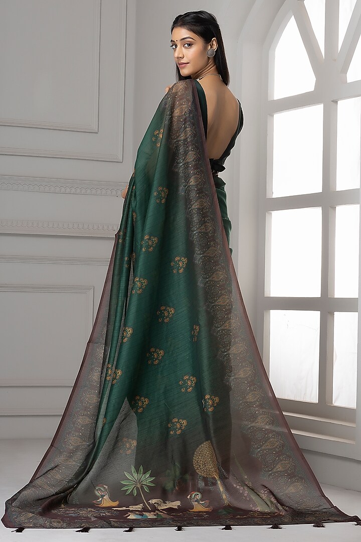 Dark Green Linen Silk Printed Festive Saree Set by Albis Jaipur at Pernia's Pop Up Shop