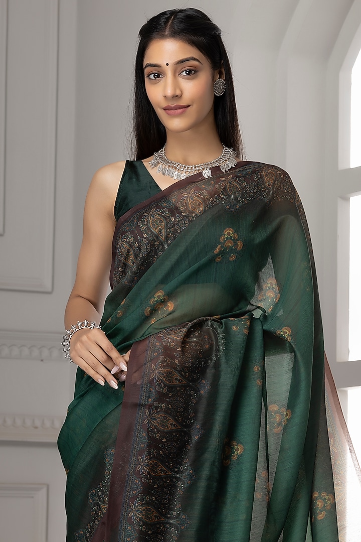 Dark Green Linen Silk Printed Festive Saree Set by Albis Jaipur at Pernia's Pop Up Shop
