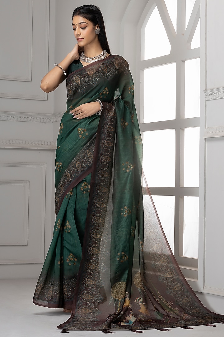Dark Green Linen Silk Printed Festive Saree Set by Albis Jaipur at Pernia's Pop Up Shop