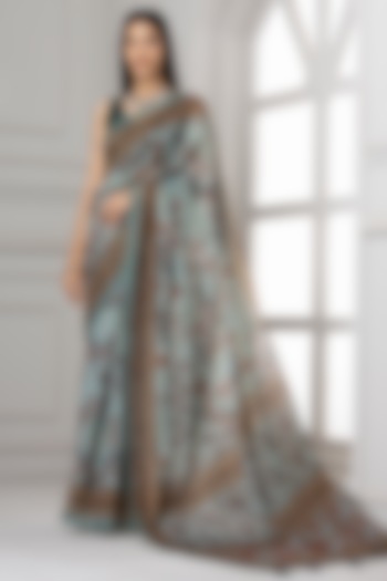 Light Grey Linen Silk Printed Saree Set by Albis Jaipur at Pernia's Pop Up Shop