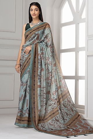 Light Grey Linen Silk Printed Saree Set by Albis Jaipur
