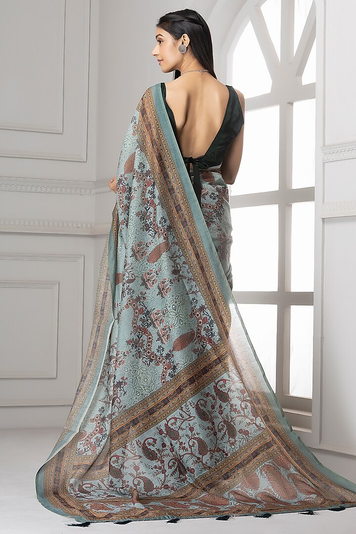 Light Grey Linen Silk Printed Festive Saree Set by Albis Jaipur at Pernia's Pop Up Shop