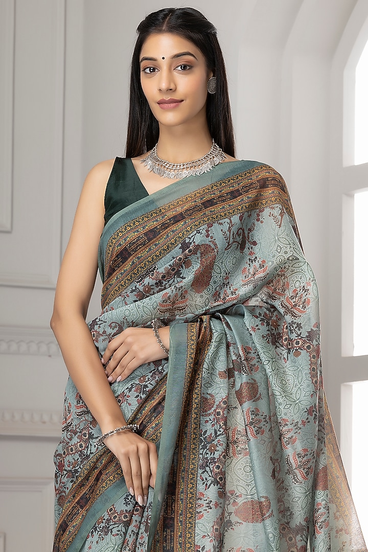 Light Grey Linen Silk Printed Festive Saree Set by Albis Jaipur at Pernia's Pop Up Shop