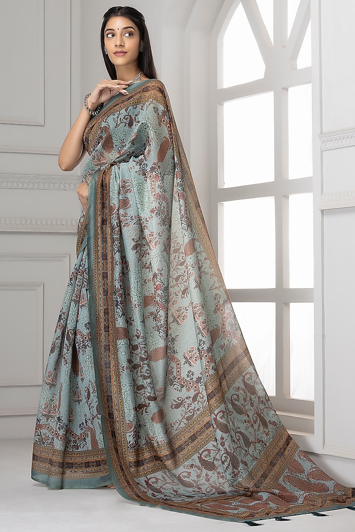 Light Grey Linen Silk Printed Festive Saree Set by Albis Jaipur at Pernia's Pop Up Shop