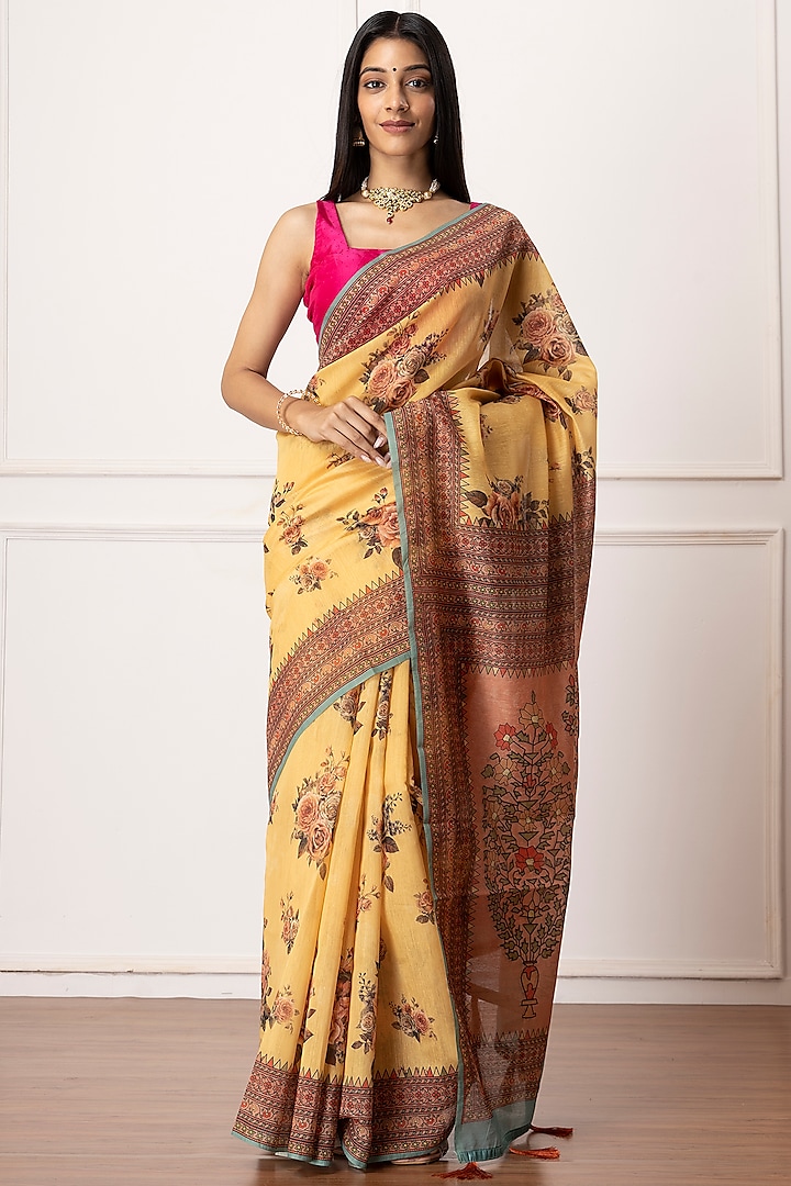 Yellow Linen Silk Floral Printed Saree Set by Albis Jaipur at Pernia's Pop Up Shop