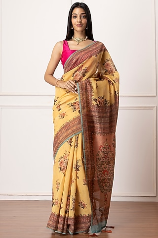 Yellow Linen Silk Floral Printed Saree Set by Albis Jaipur