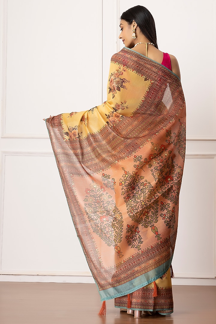 Yellow Linen Silk Floral Printed Festive Saree Set by Albis Jaipur at Pernia's Pop Up Shop