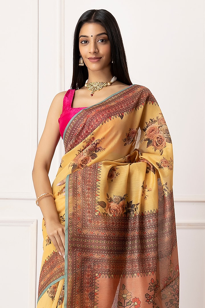 Yellow Linen Silk Floral Printed Festive Saree Set by Albis Jaipur at Pernia's Pop Up Shop
