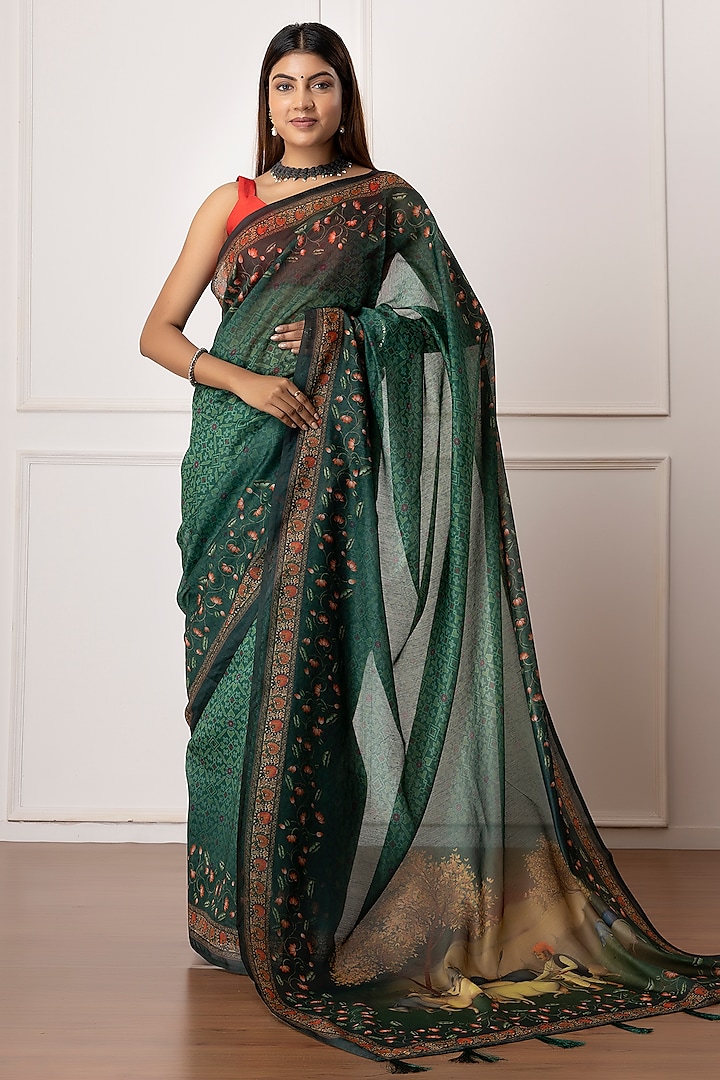 Dark Green Linen Silk Printed Saree Set by Albis Jaipur at Pernia's Pop Up Shop