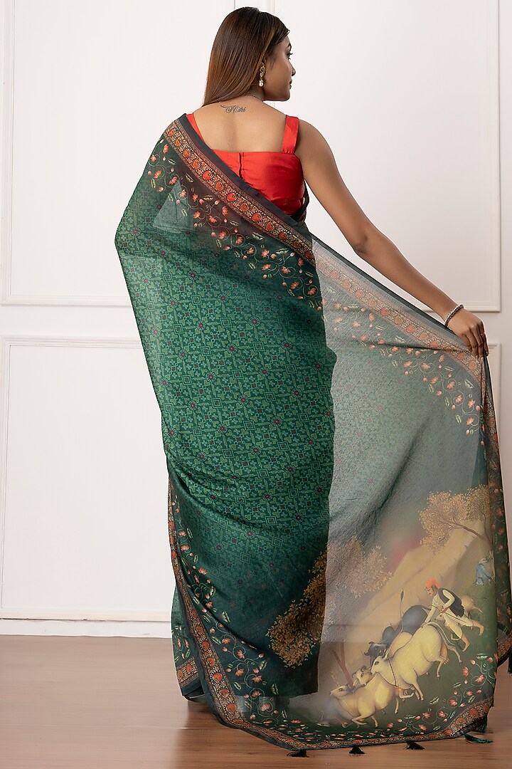 Dark Green Linen Silk Printed Festive Saree Set by Albis Jaipur at Pernia's Pop Up Shop