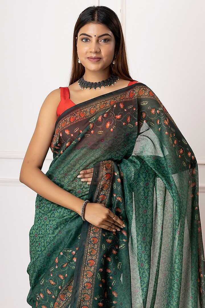 Dark Green Linen Silk Printed Festive Saree Set by Albis Jaipur at Pernia's Pop Up Shop
