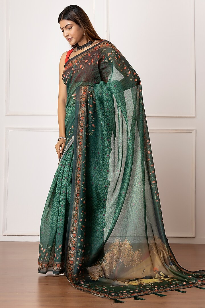 Dark Green Linen Silk Printed Festive Saree Set by Albis Jaipur at Pernia's Pop Up Shop