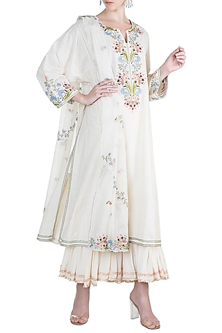 White Embroidered Khadi Kurta With Dupatta by Alkaline by Alka Suman