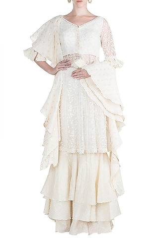 White Chikankari Layered Sharara Set by Alkaline by Alka Suman