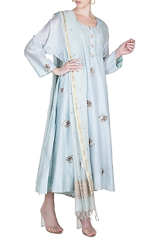 Powder Blue Embroidered Kurta With Dupatta & Slip by Alkaline by Alka Suman