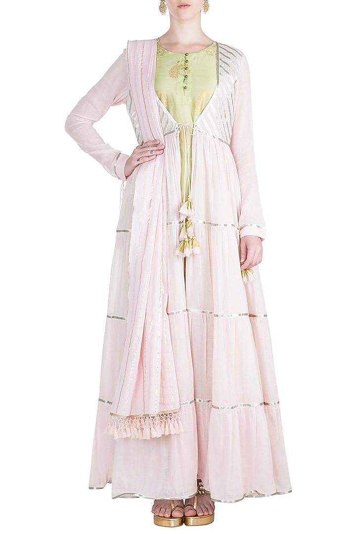 Green Kurta With Blush Pink Jacket & Dupatta by Alkaline by Alka Suman at Pernia's Pop Up Shop