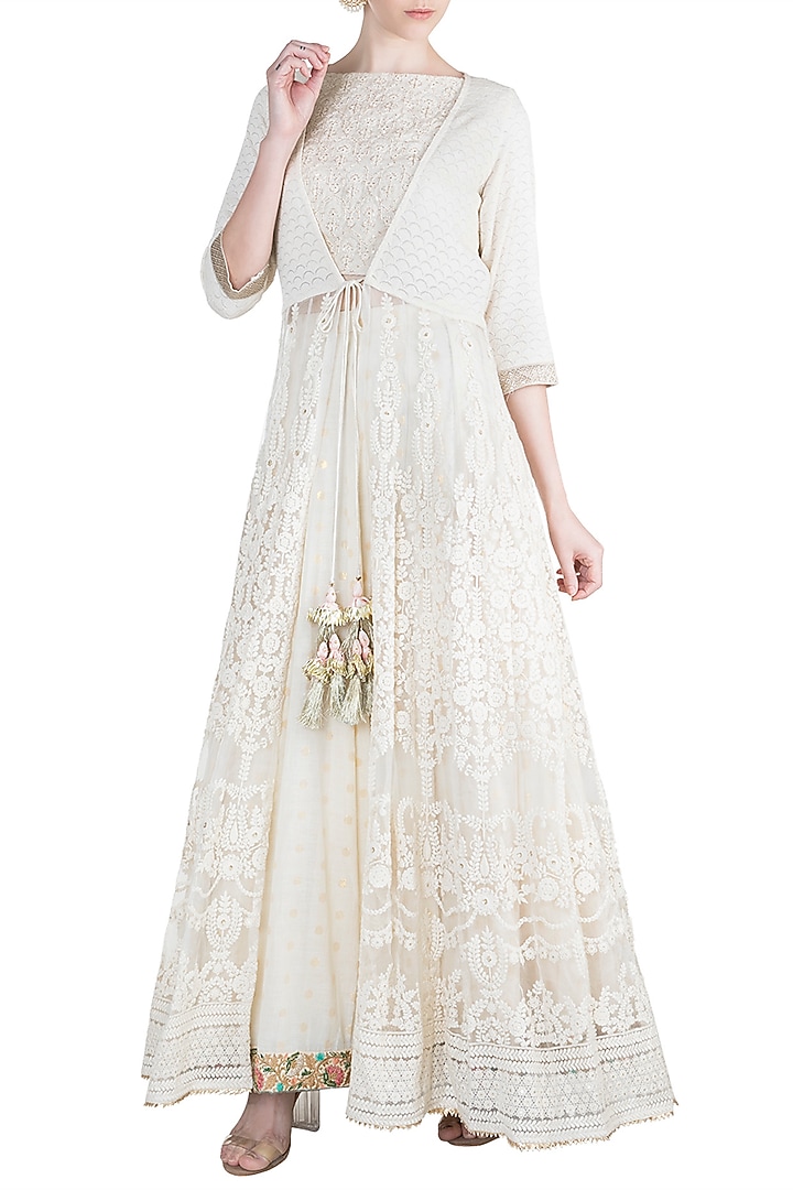Off White Chikankari Embroidered Jacket Wedding Lehenga Set by Alkaline by Alka Suman at Pernia's Pop Up Shop