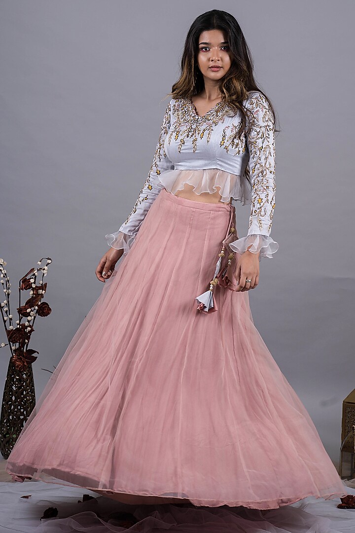 Cloud Blue Embellished Blouse & Rosebud Skirt Set by Pooja Kankariya