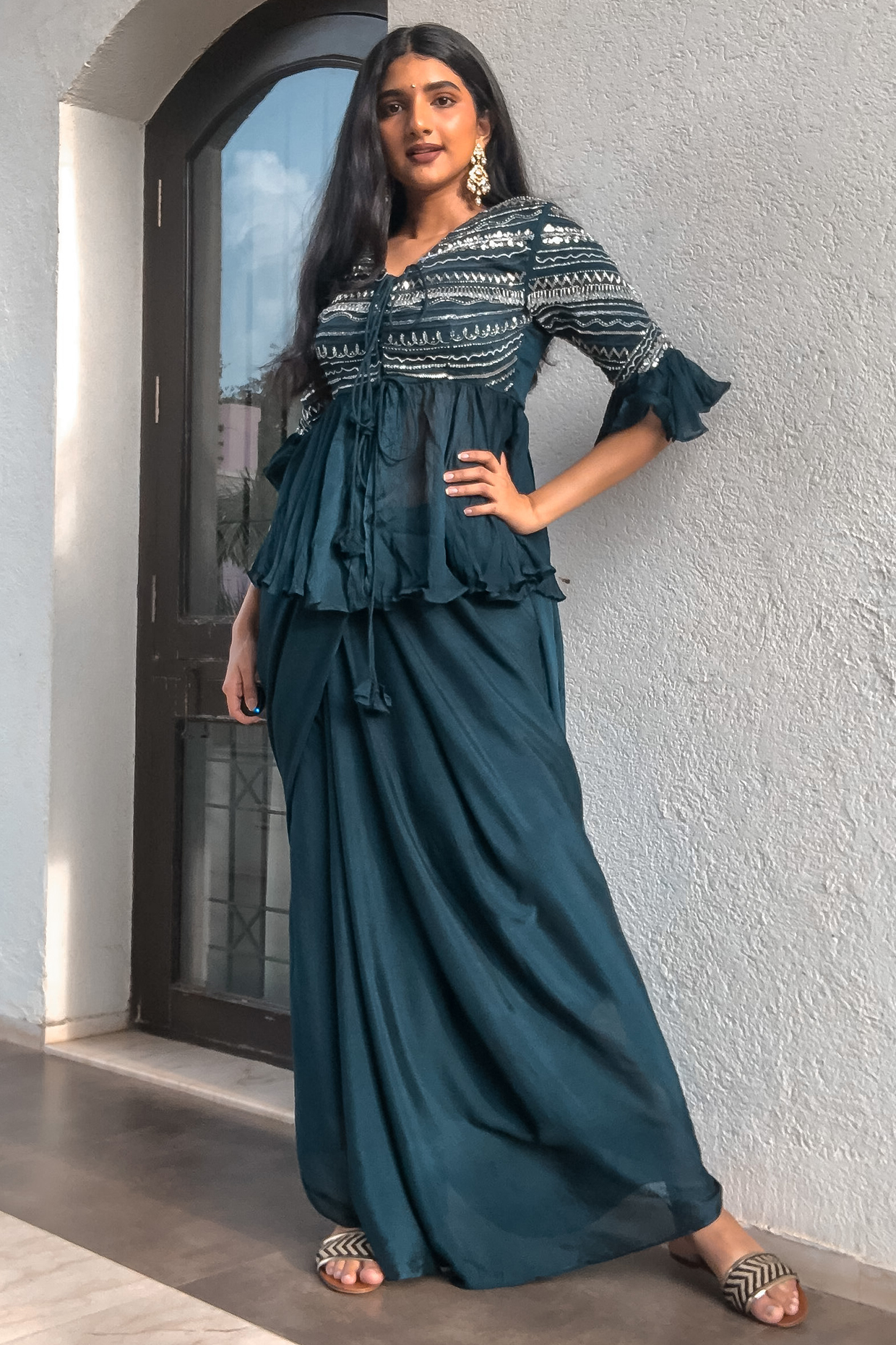 Seagrass Chiffon Peplum Saree Set  by Pooja Kankariya
