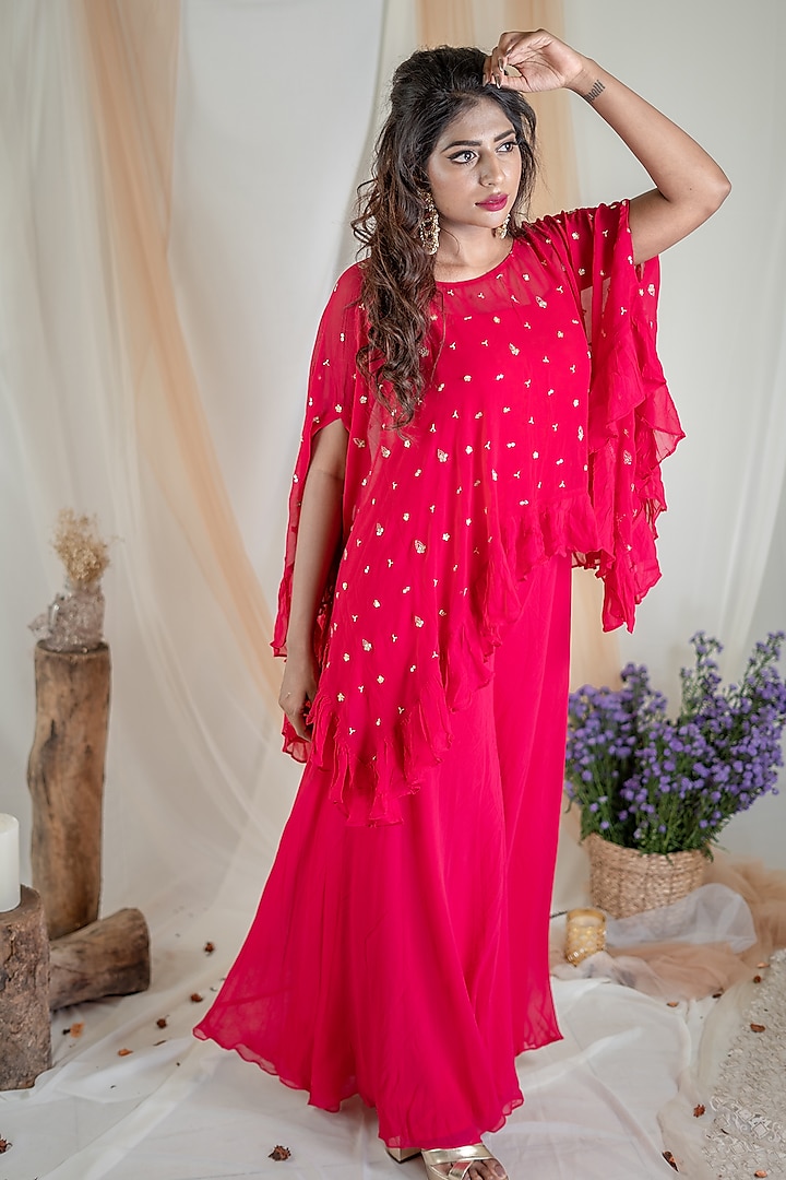 Fuchsia Jumpsuit with Ruffle Poncho by Pooja Kankariya