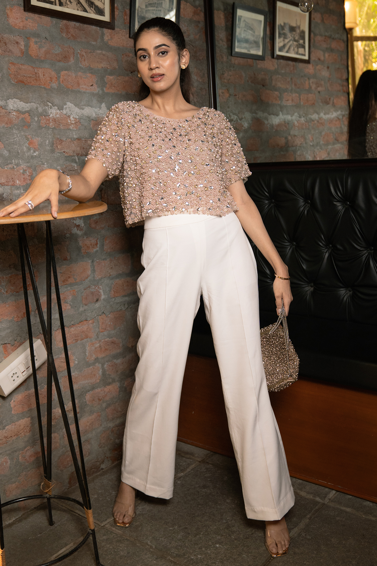 Rosebud Embellished Top with Bay Salt Trousers by Pooja Kankariya