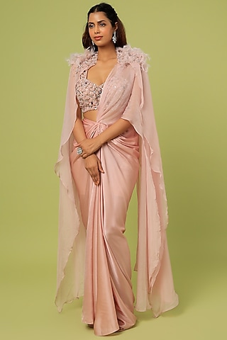 Rosebud Pink Embellished Cape Set by Pooja Kankariya