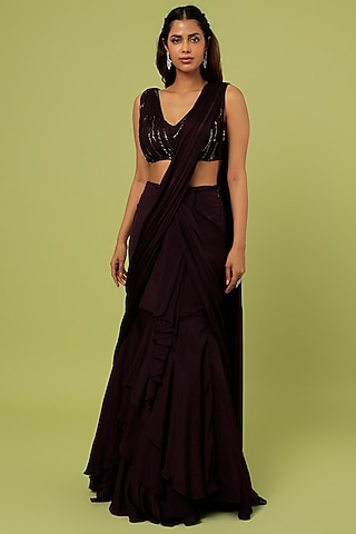 Mahogany Wine Organza Concept Saree Set by Pooja Kankariya