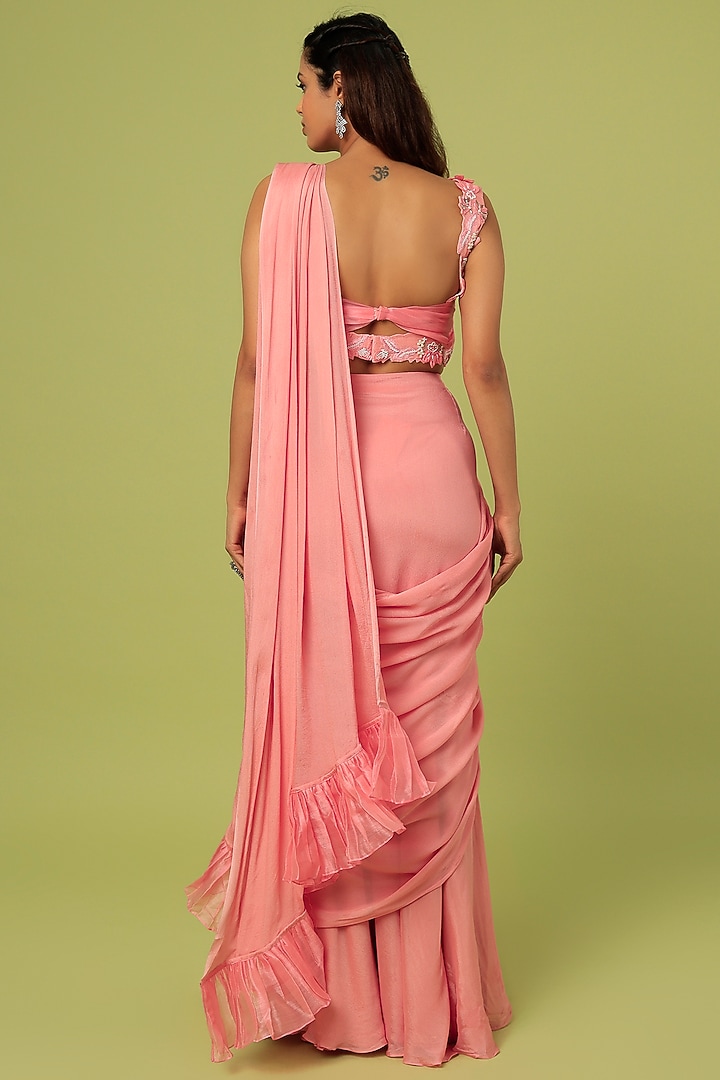 Rose Pink Embroidered Concept Wedding Saree Set by Pooja Kankariya at Pernia's Pop Up Shop