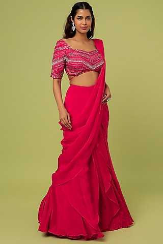 Fuschia Chiffon Concept Saree Set by Pooja Kankariya