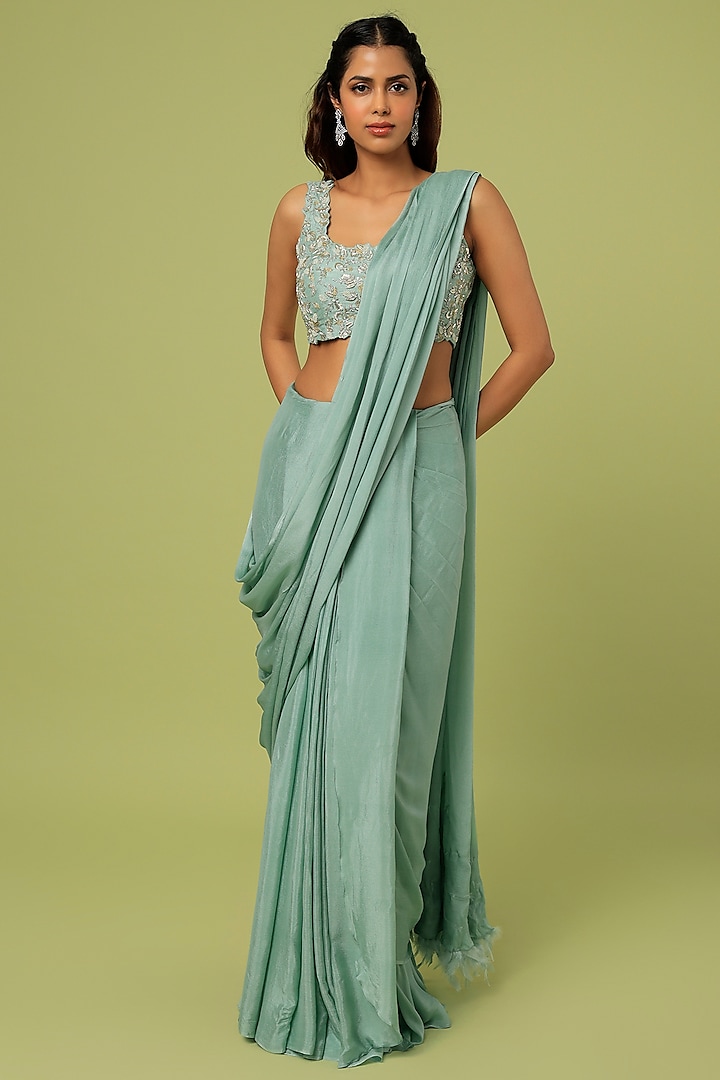 Honey Dew Green Chiffon Concept Saree Set by Pooja Kankariya at Pernia's Pop Up Shop