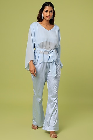 Cloud Blue Lycra Satin Co-Ord Set by Pooja Kankariya