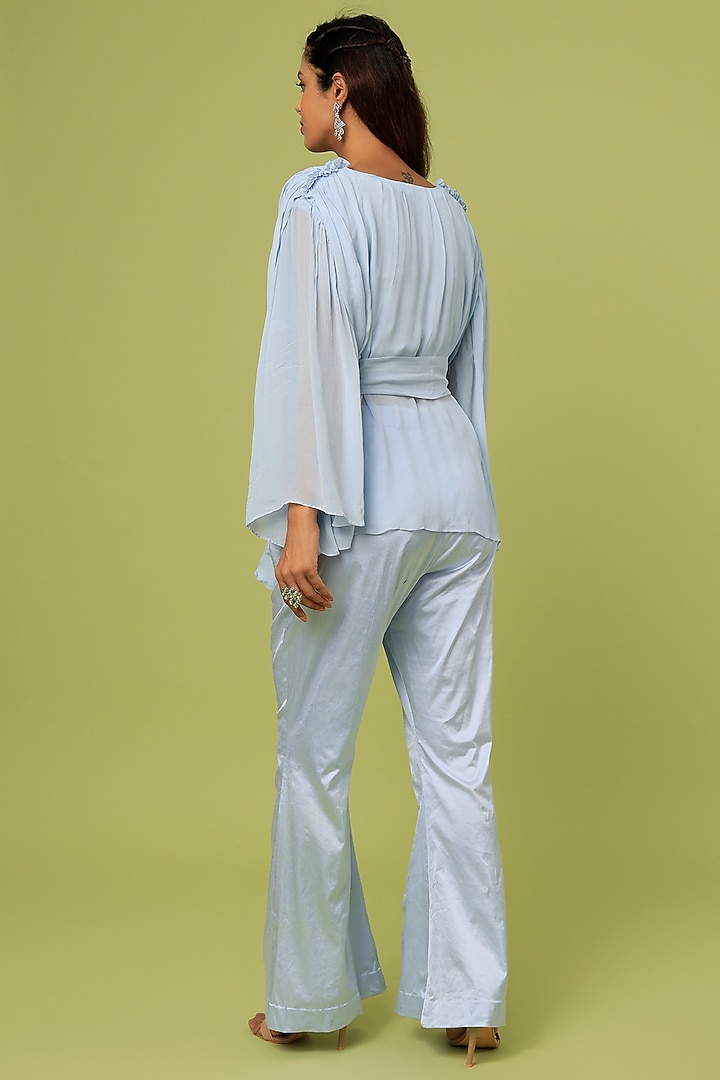Cloud Blue Lycra Satin Co-Ord Set by Pooja Kankariya at Pernia's Pop Up Shop