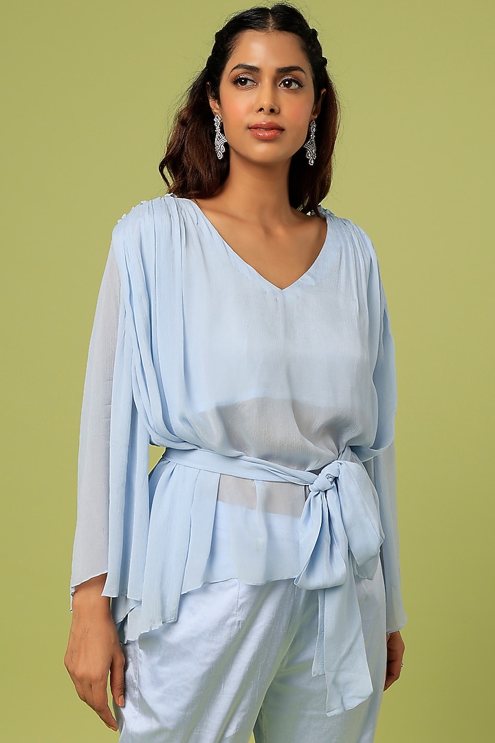 Cloud Blue Lycra Satin Co-Ord Set by Pooja Kankariya at Pernia's Pop Up Shop