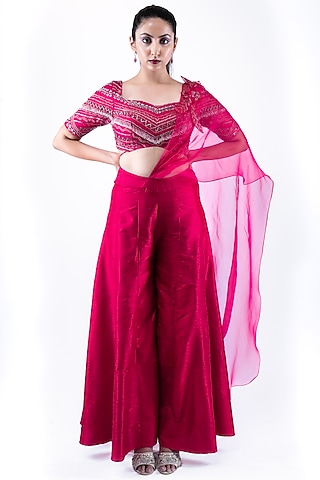 Fuchsia Silk Draped Sharara Set by Pooja Kankariya