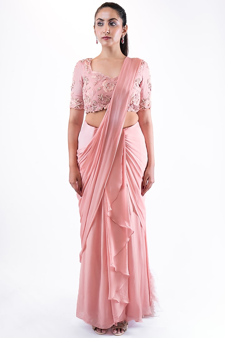 Rosebud Pink Chiffon Concept Saree Set by Pooja Kankariya