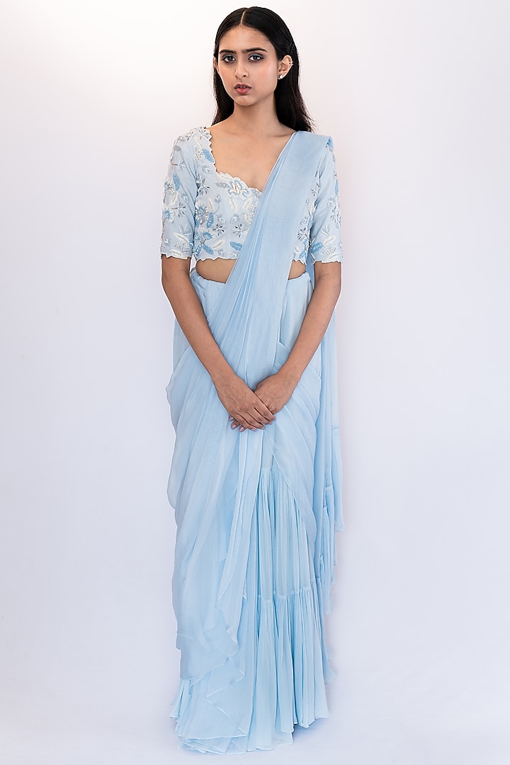Cloud Blue Chiffon Concept Saree Set by Pooja Kankariya