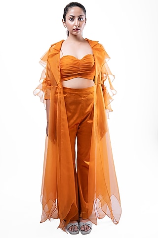 Rust Orange Lycra Satin Jacket Set by Pooja Kankariya