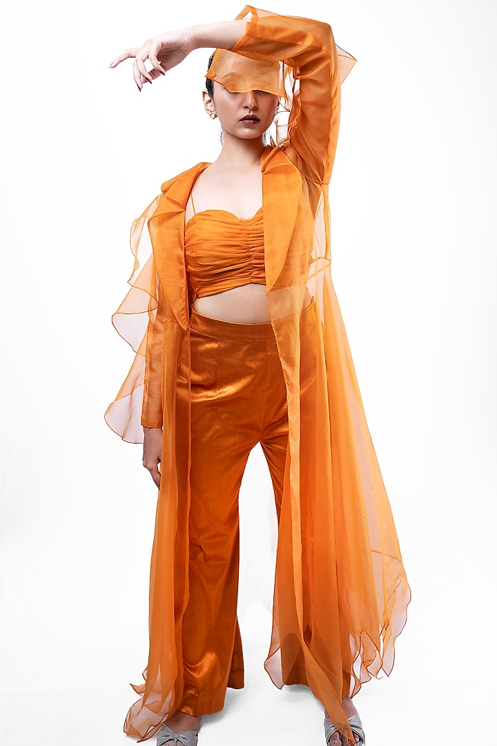 Rust Orange Lycra Satin Jacket Set by Pooja Kankariya at Pernia's Pop Up Shop