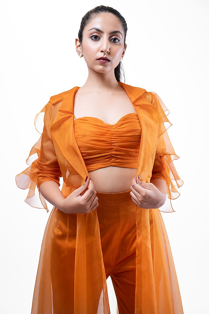 Rust Orange Lycra Satin Jacket Set by Pooja Kankariya at Pernia's Pop Up Shop