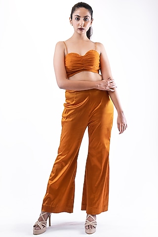 Rust Orange Lycra Satin Pant Set by Pooja Kankariya