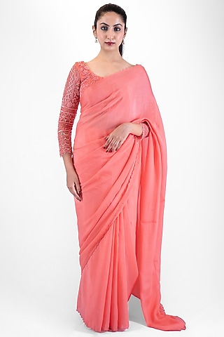 Peach Chiffon Embroidered Saree Set by Pooja Kankariya