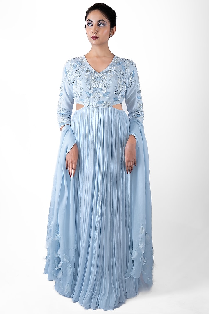 Cloud Blue Silk Embroidered Gown With Dupatta by Pooja Kankariya