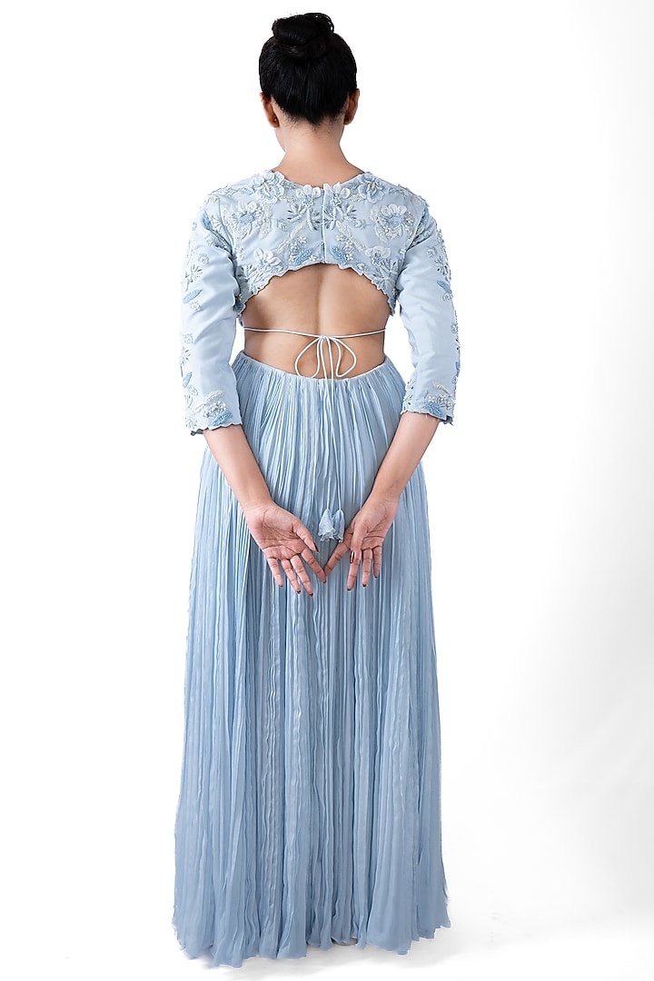 Cloud Blue Silk Embroidered Gown With Dupatta by Pooja Kankariya at Pernia's Pop Up Shop