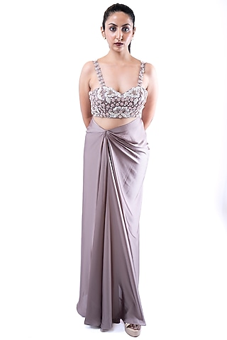 Purple Crepe Satin Skirt Set by Pooja Kankariya